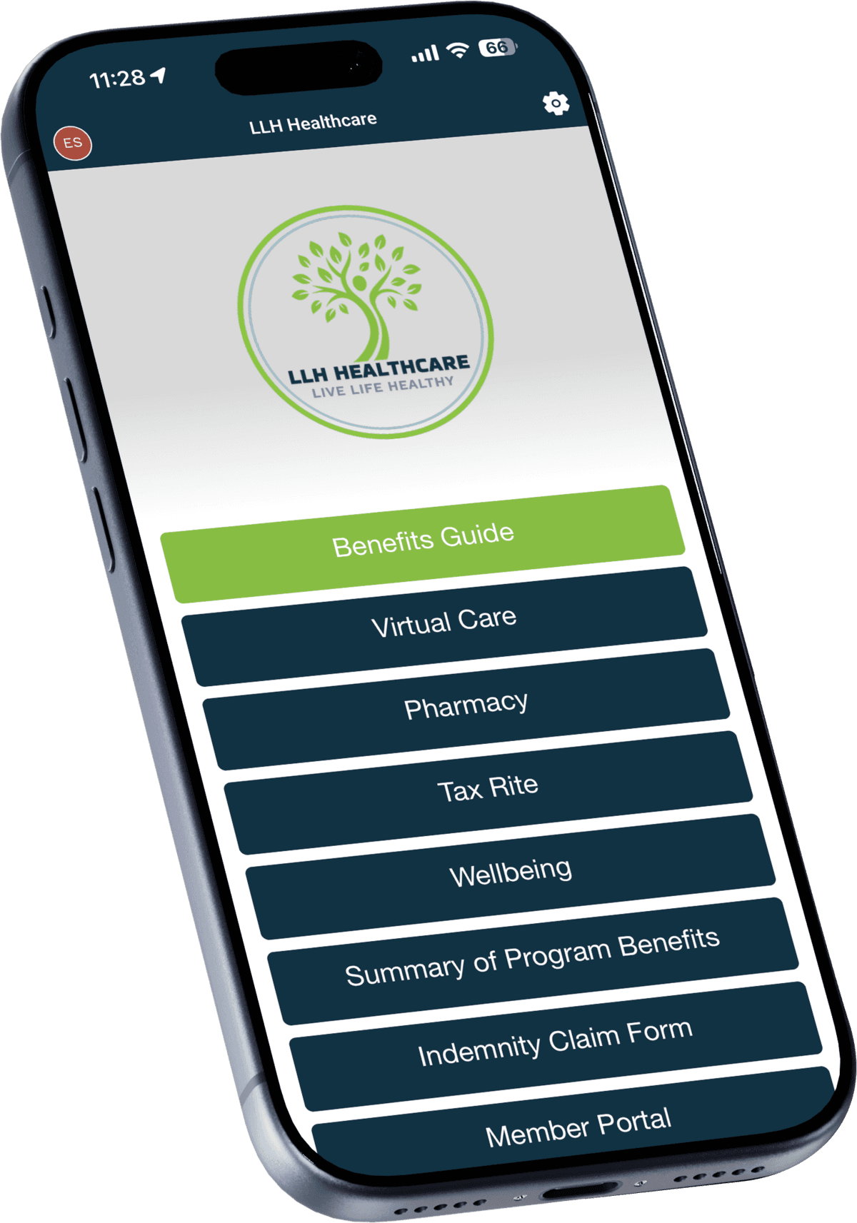 The LLH Healthcare app home menu on a phone